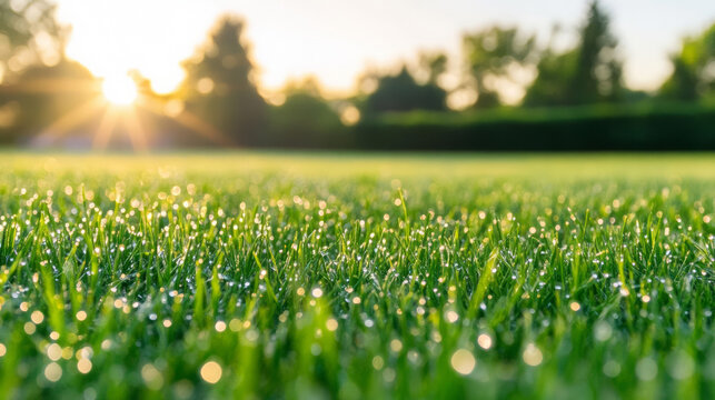 Fresh morning dew on green grass with sunlight shining - Powered by Adobe