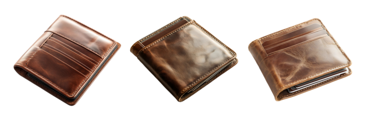 Set of classic leather wallets with card slots and cash compartments isolated on a white or transparent background.