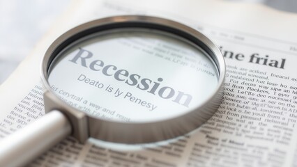 Economic Uncertainty Market Volatility concept. Magnifying glass focusing on the word "Recession" in a newspaper article.
