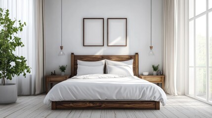 minimalist bedroom with a wooden bed, white bedding, and natural light