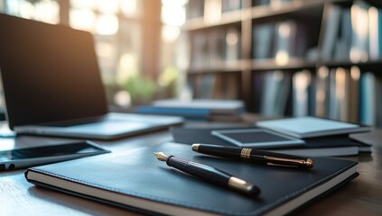 Elevate Your Workspace: Modern Pens & Notebook on Desk with Laptop and Books, Enhancing Productivity and Style.