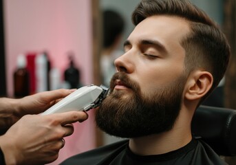 Professional barber skillfully trimming the beard of a relaxed client with an electric razor in a stylish barbershop, crafting a modern, well groomed look for today's man