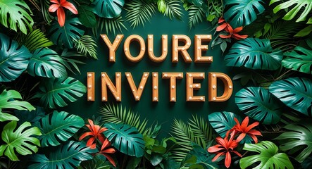 youre invited lettering on jungle leaves background