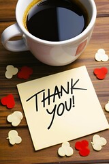 Thank you message on a paper with coffee mug. Concept: Thanks, wishing, greetings