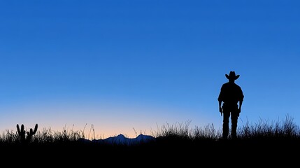 Fototapeta premium Lone Cowboy Silhouette At Sunset Over Desert Landscape