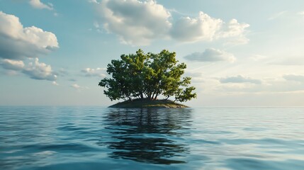 Lonely Tree Island in Calm Water Landscape Under Blue Sky