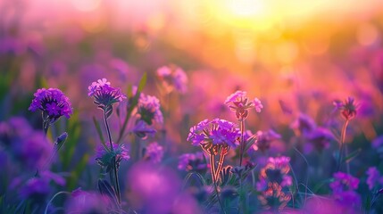 Enchanting close-up of radiant purple blooms in a lush field bathed in a warm sunset glow