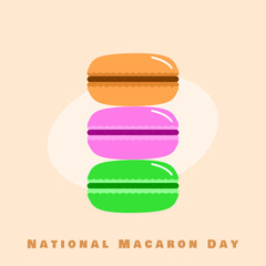 National Macaron Day to celebrate on March 20th. Three macaron biscuits in different colors on beige background. Food event banner.