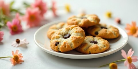 A plate of delicate, flower-shaped cookies with chocolate chips, presented alongside a charming arrangement of pink and orange blossoms.