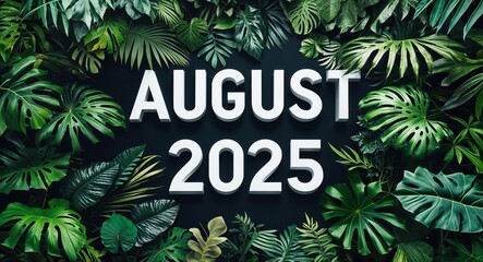 august 2025 lettering on jungle leaves background