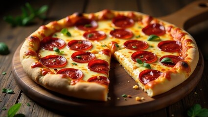 Delicious Pepperoni Pizza on Wooden Board, Ready to Serve a Sliced Slice