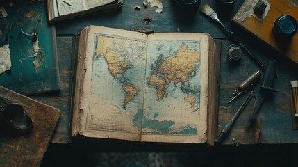 Vintage world map is open amongst other old tools