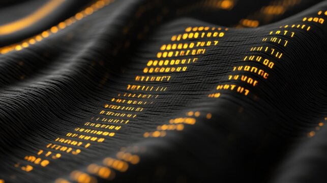 Abstract digital data stream flowing, glowing orange numbers on dark surface. Futuristic technology concept. - Powered by Adobe
