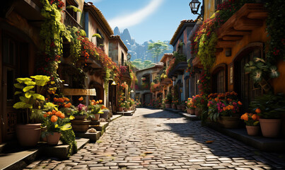 Fototapeta premium A picturesque street adorned with colorful flower pots