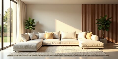 Obraz premium Modern Sectional Sofa in Sunlit Living Room with Wooden Wall Accent and Lush Greenery