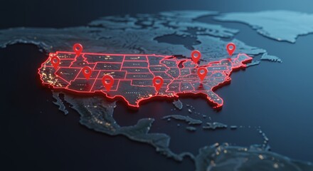 United States Map with Red Pins Showing Locations on Dark Background