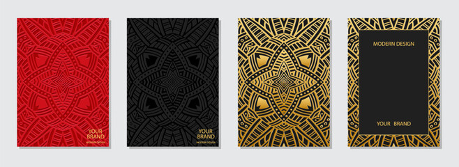 Set of covers, exotic vertical templates. Collection of relief, geometric 3D backgrounds, embossing. Mandala, arabesques, logo. Ethnic ornaments and patterns of the East, Asia, India, Mexico, Aztec.