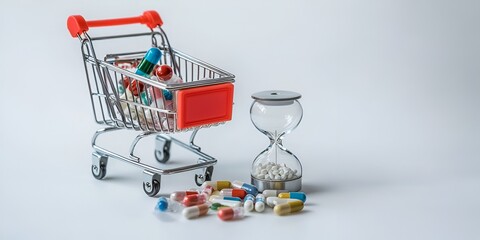 White background, miniature shopping cart with pills and vials of medical tubes on a white tabletop.