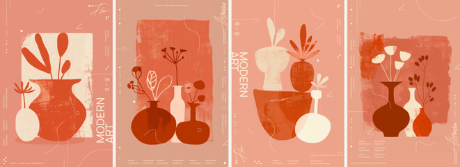 4 posters flat vector graphic with a warm coral background, featuring minimalist abstract shapes of vases and plants in shades of white, red and orange.