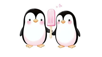 Fototapeta premium Adorable Penguins Sharing a Pink Popsicle A Cute Summer Illustration.