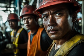 Fototapeta premium group of workers in safety uniform, stand at industrial plant setting 