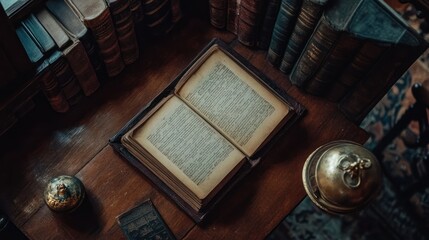 An open antique book sits among other books and objects