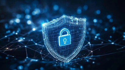 Digital security shield with lock symbol on futuristic network background