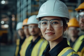 close-up of group of diverse workers wearing safety gear, including hard hats and reflective jackets, stand at industrial plant setting 