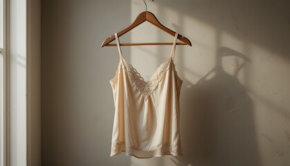 Silk and Lace Lingerie Hanging on Wooden Hanger – Elegant Satin Camisole, Soft Lighting, Feminine Minimalist Look
