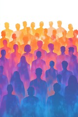 Vibrant illustration of a diverse crowd with colorful silhouette layers