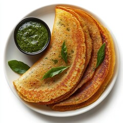 Delicious golden dosa crepes with vibrant green chutney on a white plate Indian cuisine breakfast food photography