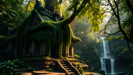 Fototapeta premium An ancient jungle temple, partially covered by lush green vines, with waterfalls cascading nearby. The warm sunlight filters through the dense trees