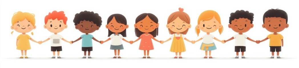 Cartoon illustration of diverse children holding hands in unity and happiness