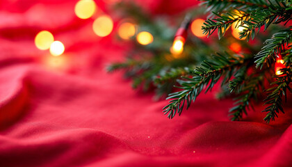 Obraz premium Ramas de árboles de Navidad y luces bokeh sobre un fondo de tela roja
