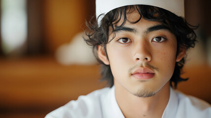 Young male in casual chef attire with thoughtful expression indoors, representing individuality and creativity