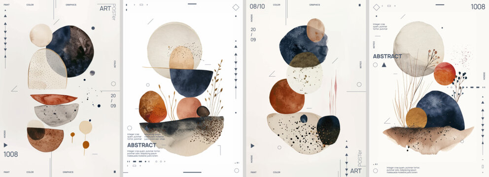 Set of four abstract watercolor illustrations with various shapes, twigs and geometric elements in boho beige tones on a white background for poster design, wall art or cover print.