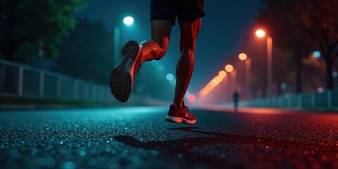 Night Runner's Pursuit A Low-Angle View of Legs and Feet During an Evening Run on a City Street