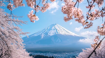 Majestic Mount Fuji: A breathtaking view of Fuji-san adorned with cherry blossoms during springtime in Japan.