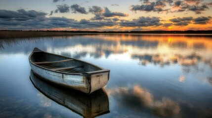 Obraz premium Wooden canoe resting on a reflective lake at sunset