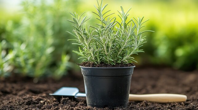 rosemary herb plant in pot gardening soil planting outdoors