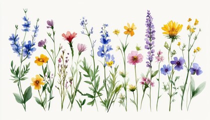 Watercolor illustration of vibrant wildflowers and grasses in a natural arrangement