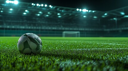 Night Football Stadium: Soccer Ball on Lush Green Field Under Bright Lights