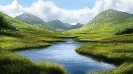River flows through a lush green valley landscape