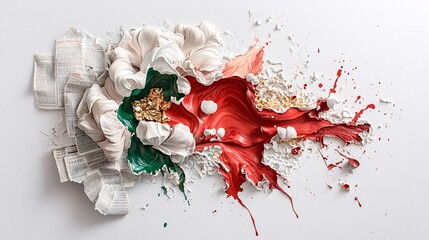 Mixed media artwork combining acrylic paint, torn newspaper clippings, and gold leaf detailing, creating a textured and expressive abstract composition. The colors blend seamlessly with layered