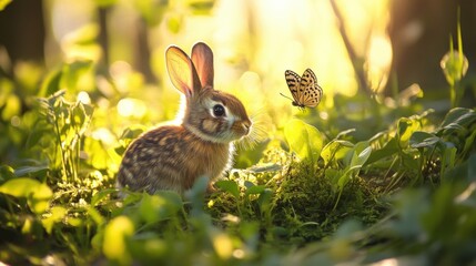 adorable baby rabbit and butterfly in sunny meadow