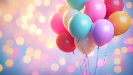 Colorful Balloons Float Joyfully Upward in Celebration Against a Sparkling Bokeh Background