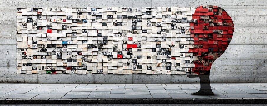 Mixed media street art on a weathered brick wall, incorporating spray paint, pasted newspaper clippings, and stencil work, depicting a powerful social commentary through vivid colors and urban