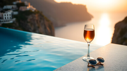 An infinity pool overlooking the Amalfi Coast, with a glass of rosé resting on the edge. The sun dips into the sea, casting a dreamy, golden glow over the cliffs and ocean.