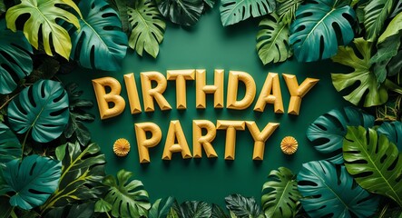 birthday party lettering on jungle leaves background