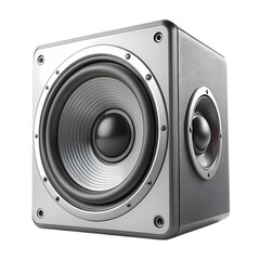 Modern silver cube subwoofer speaker audio system design 3d bass home high on transparent background